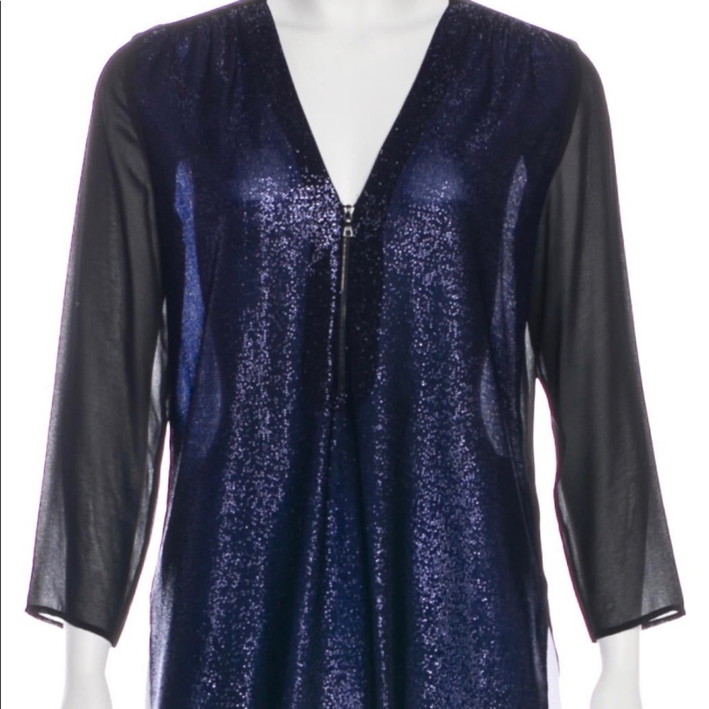 Sandro V-Neck Metallic Blue & Black Top Size Large